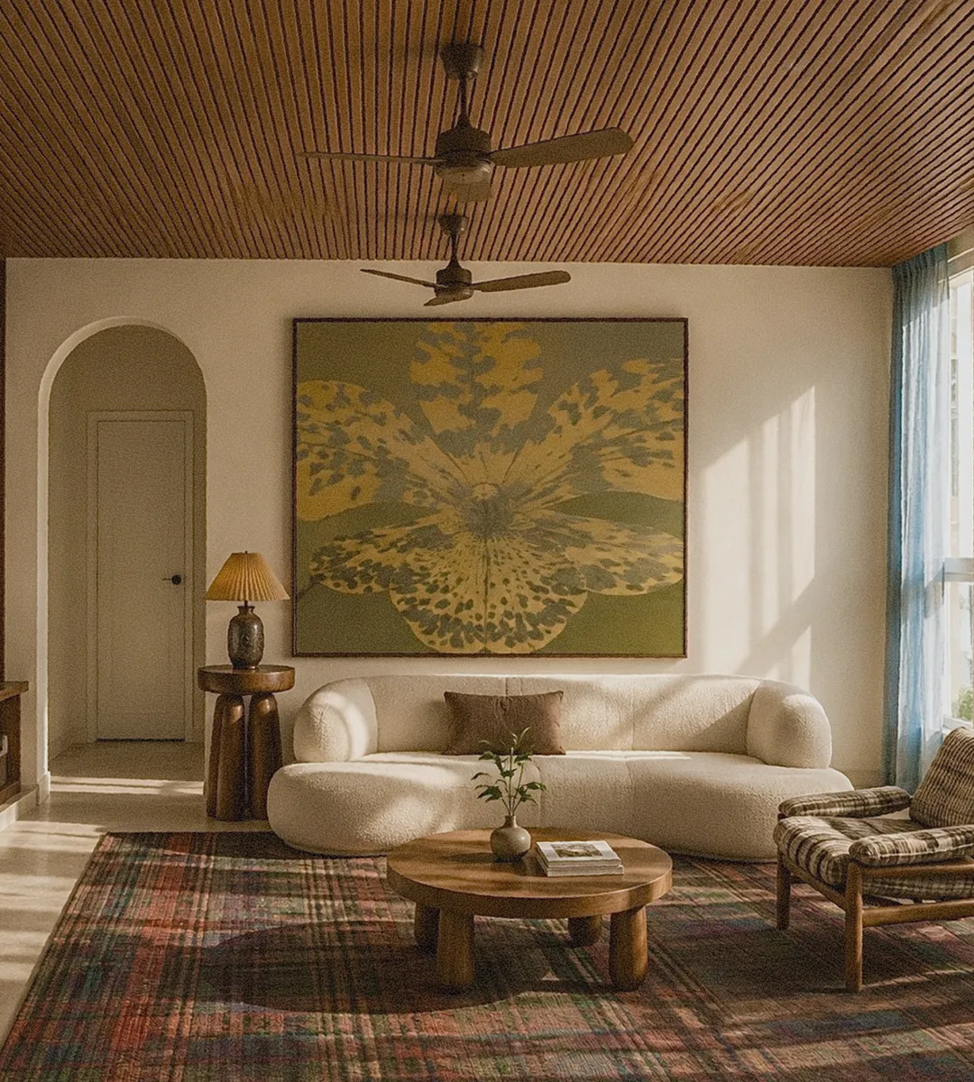 Living room with an arched doorway, bouclé sofa and large botanical artwork
