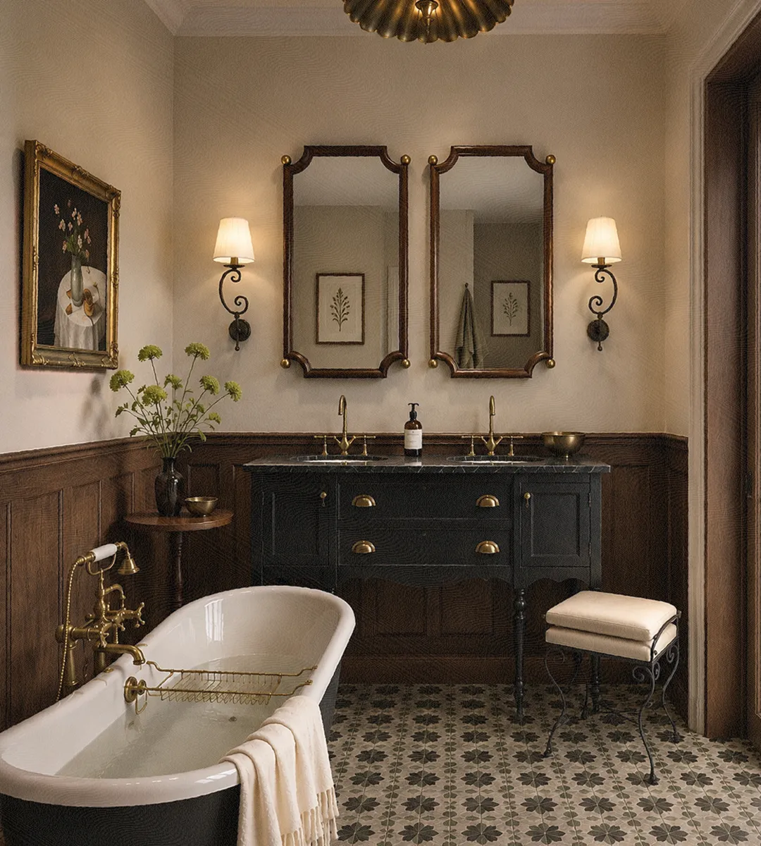 Heritage-style bathroom with a freestanding tub and patterned tile floor